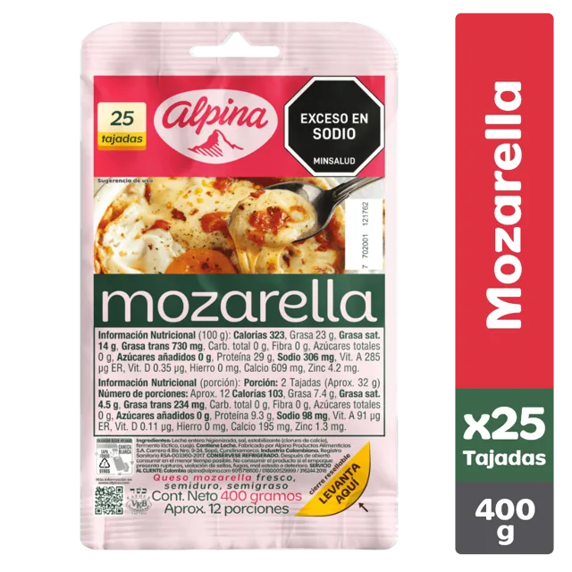 Queso mozarella Alpina 25 tajadas x400g