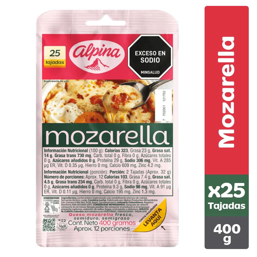 Queso mozarella Alpina 25 tajadas x400g