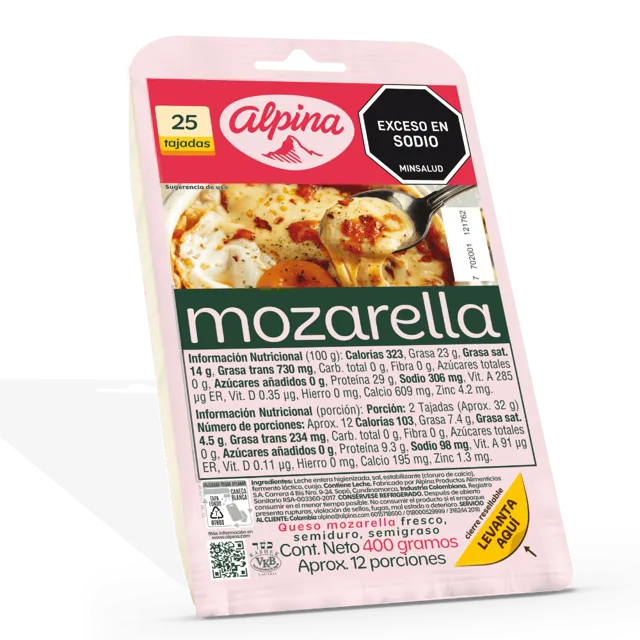 Queso mozarella Alpina 25 tajadas x400g