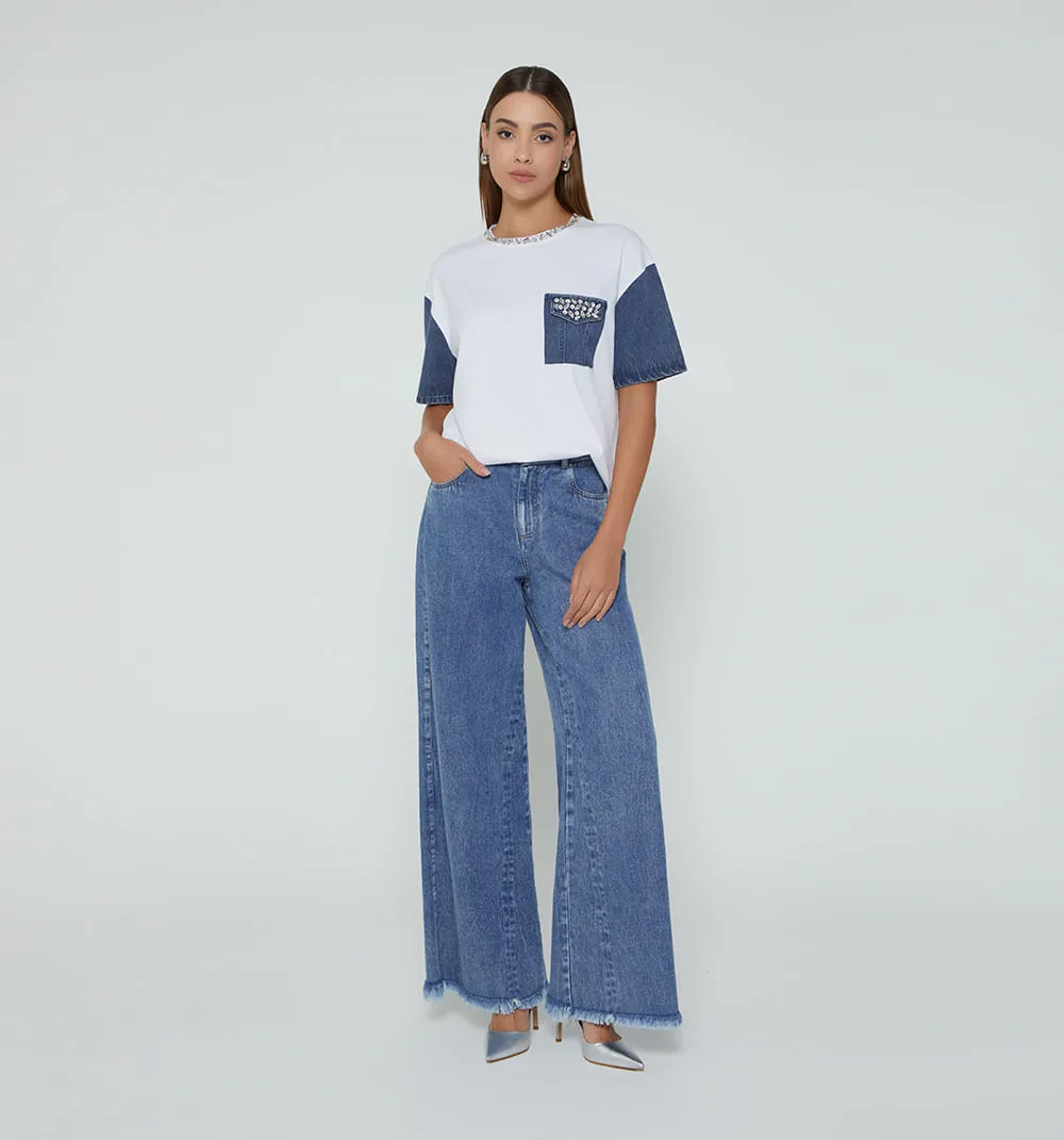 Camiseta manga corta con detalles denim