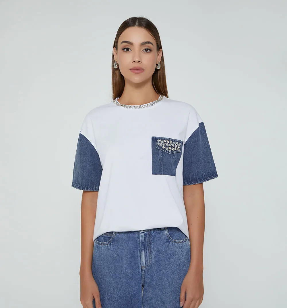 Camiseta manga corta con detalles denim